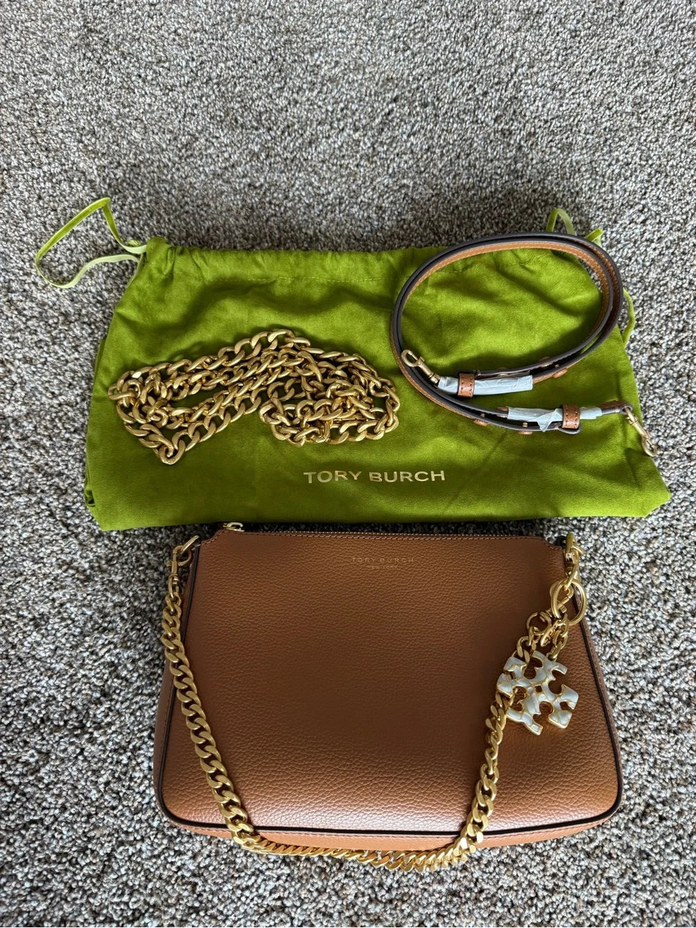 Tory Burch Brown Pebbled Leather Crossbody with Gold Chain